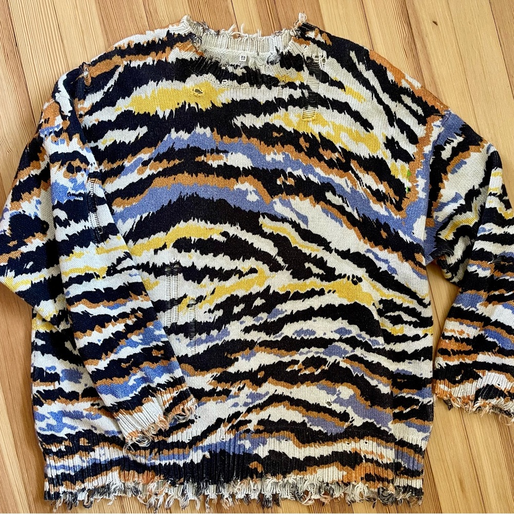 R13 Distressed Knit Sweater in Black, Yellow, and Cream